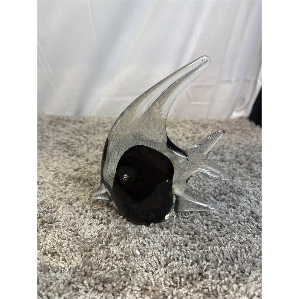 Murano Hand Blown Angel Fish Black  Crystal Glass 7" Hand Blown Vtg Sculpture